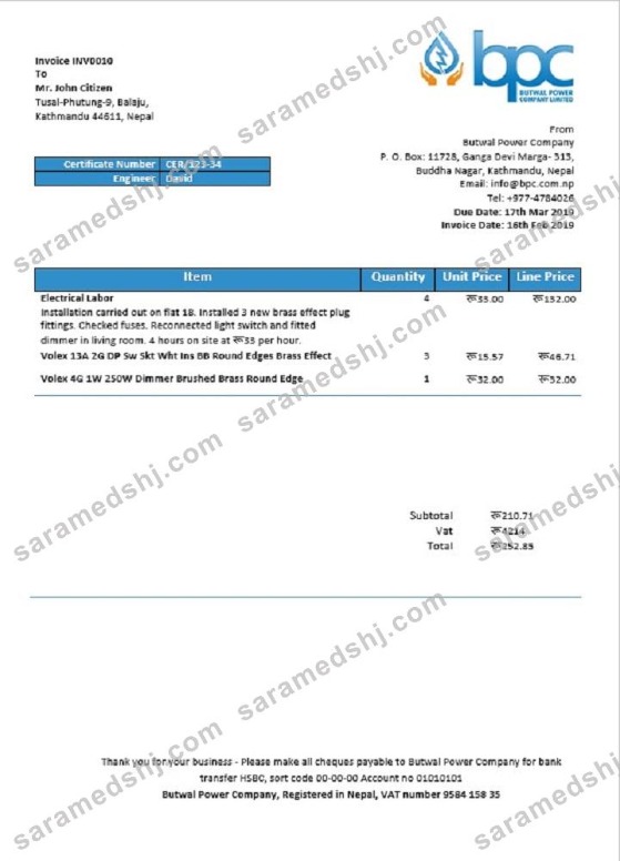 Nepal Butwal Power Company Limited electricity utility bill template in Word and PDF format